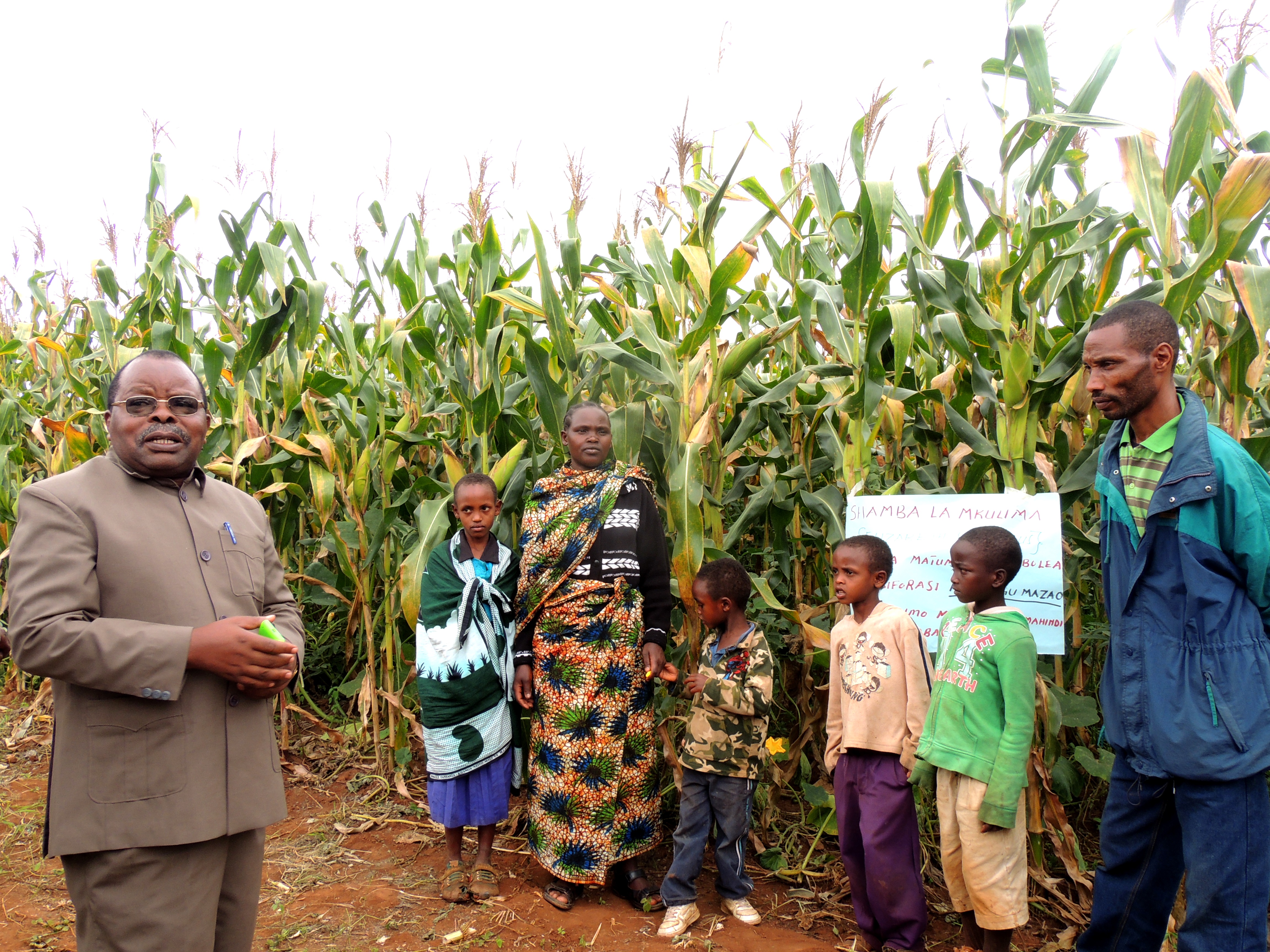 Cade Mshamu, the Babati district's administrative secretary speaks to a farmer, taking part in the project's demonstrations, and his family 